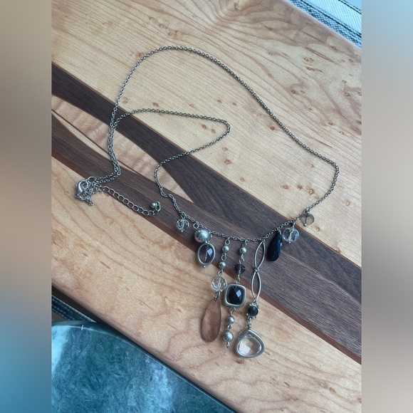 Vintage Asymmetrical Silver Tone Necklace with Glass Crystal Bead Dangles - Picture 2 of 4